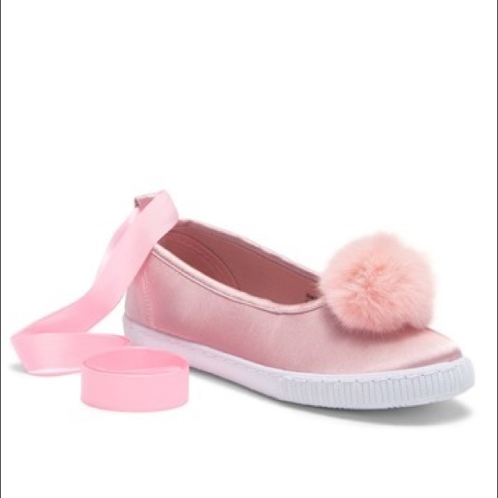 Girls Ballet Style Pom Tie Shoes Pink Slip On NWT